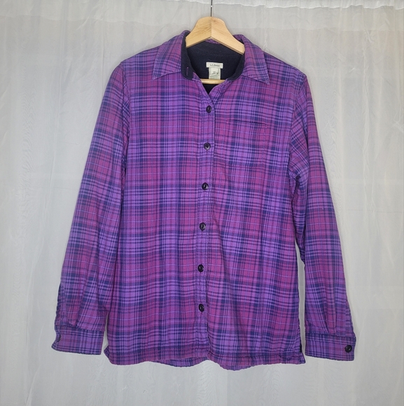 L.L. Bean Flannel Shirt Fleece Lined Womens Size XS Purple Plaid Button Up - Picture 1 of 12